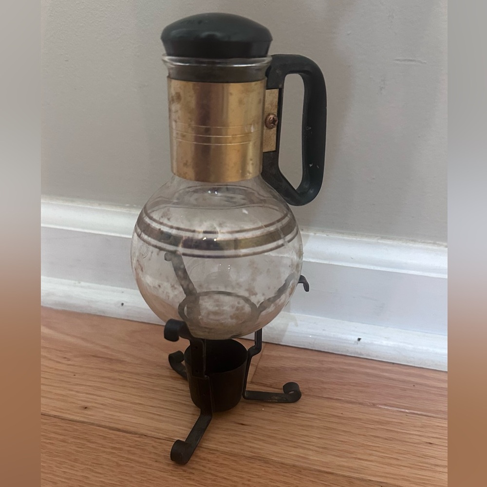 Vintage Pyrex Glass and Brass Coffee Maker with Black Handle